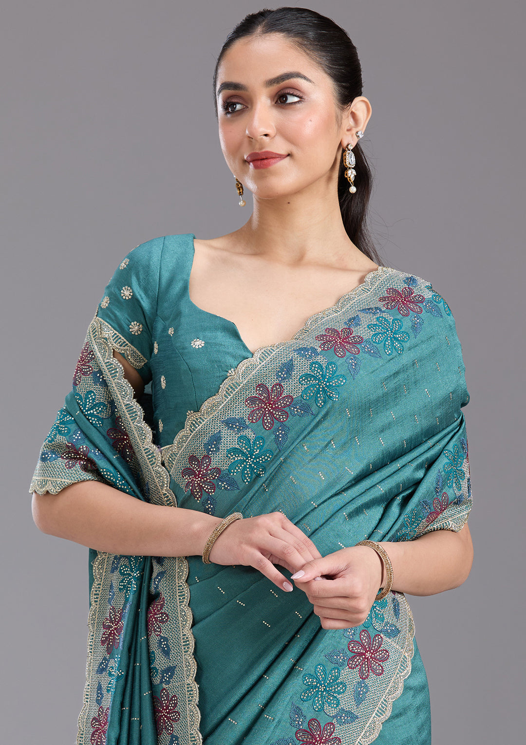 Sea Green Soft Raw Silk Threadwork Saree With Matching Blouse Piece