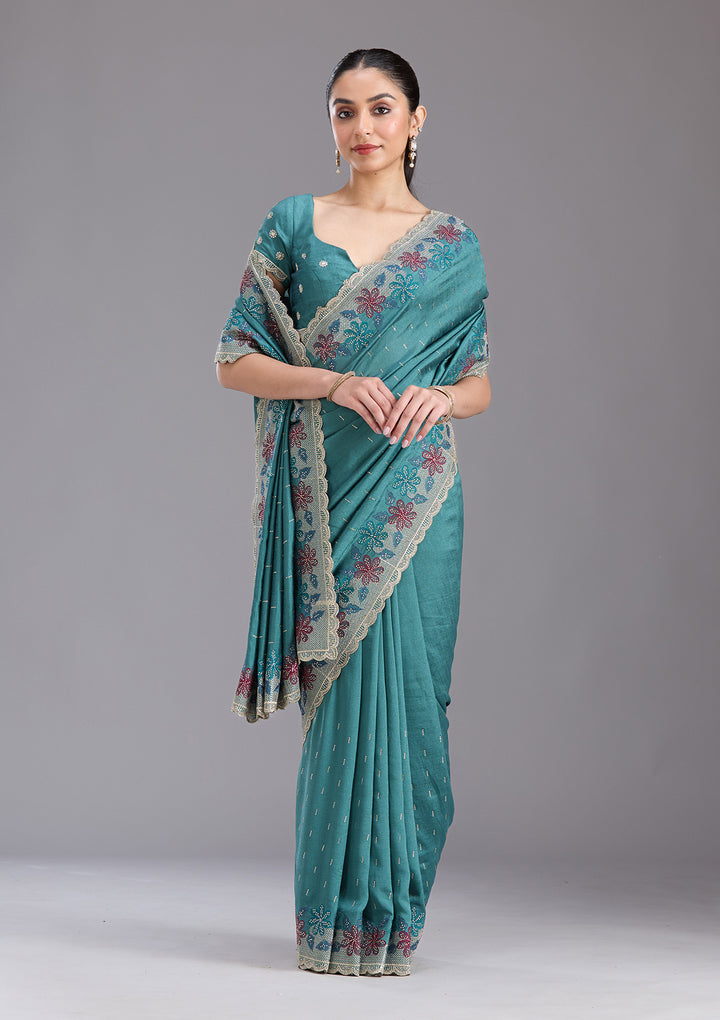 Sea Green Soft Raw Silk Threadwork Saree With Matching Blouse Piece