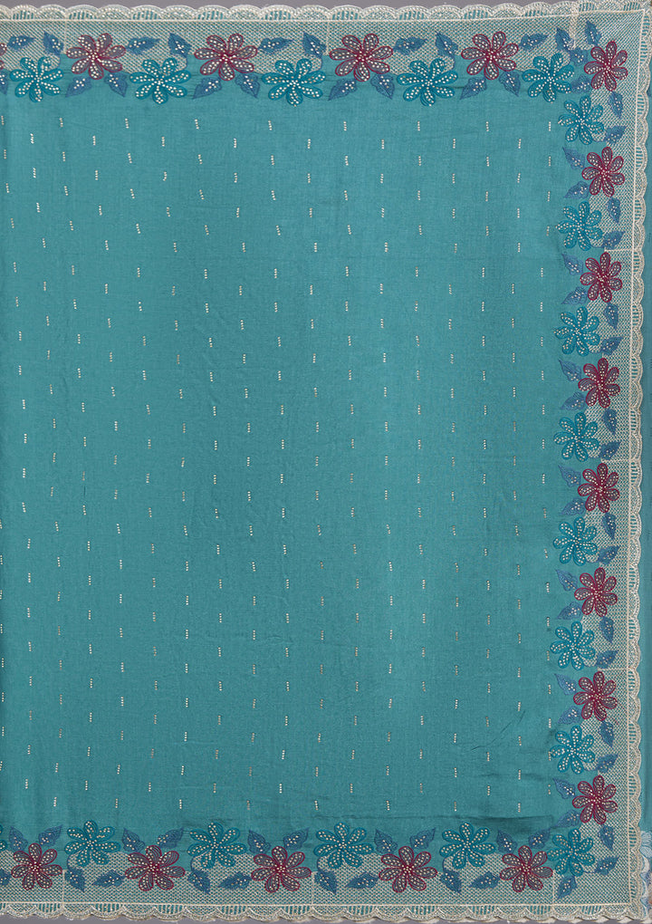 Sea Green Soft Raw Silk Threadwork Saree With Matching Blouse Piece