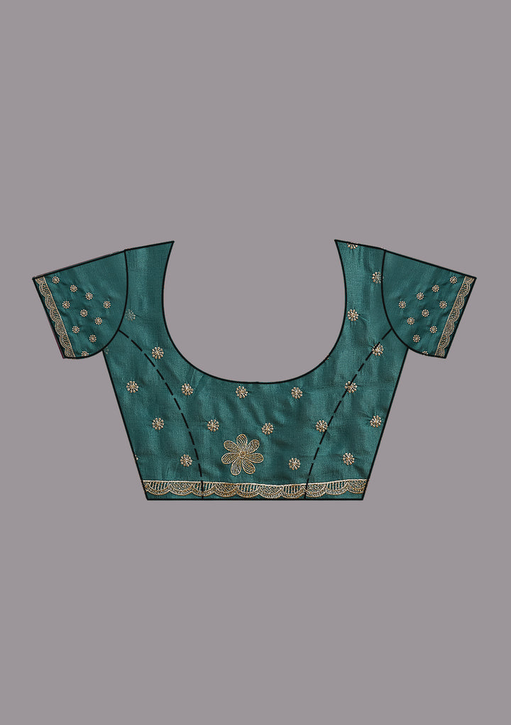 Sea Green Soft Raw Silk Threadwork Saree With Matching Blouse Piece