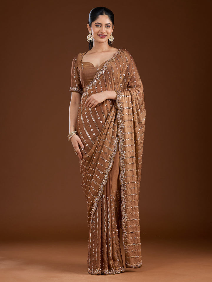 Brown Cutdana Tissue Saree