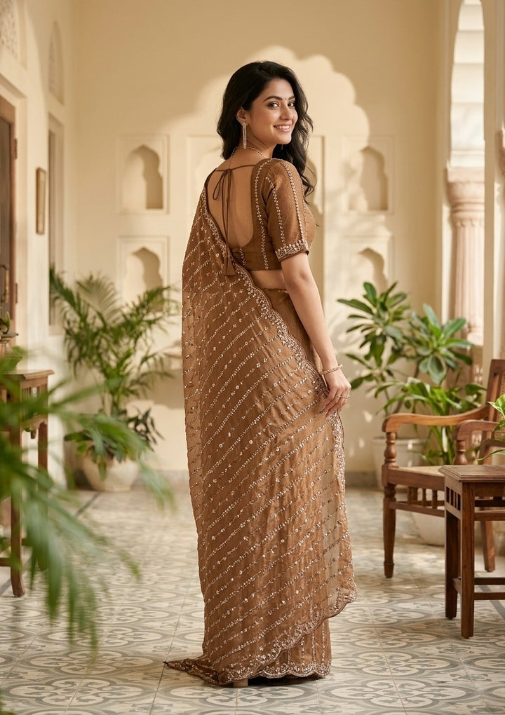 Brown Tissue Cutdana Saree With Matching Blouse Piece