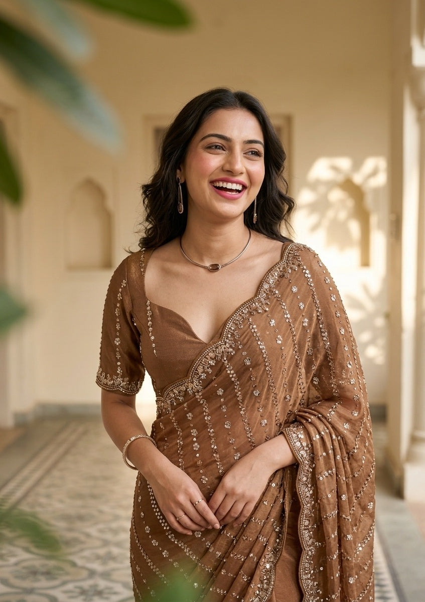 Brown Tissue Cutdana Saree With Matching Blouse Piece
