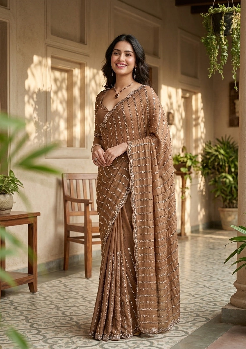 Brown Tissue Cutdana Saree With Matching Blouse Piece
