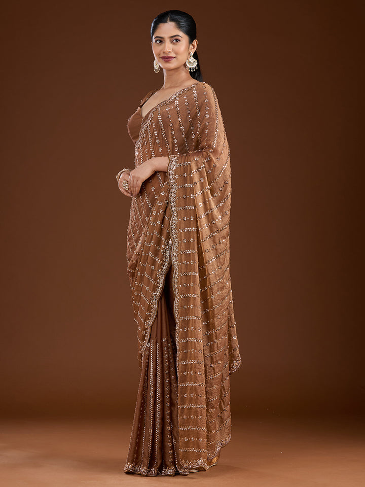 Brown Cutdana Tissue Saree