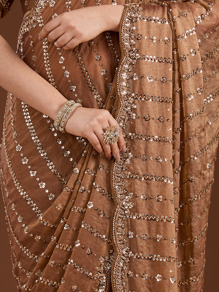 Brown Cutdana Tissue Saree