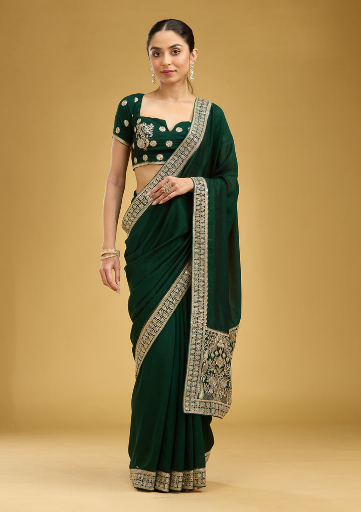 Bottle Green Soft Raw Silk Gold Zariwork Saree With Matching Blouse Piece