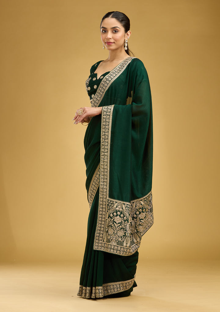 Bottle Green Soft Raw Silk Gold Zariwork Saree With Matching Blouse Piece