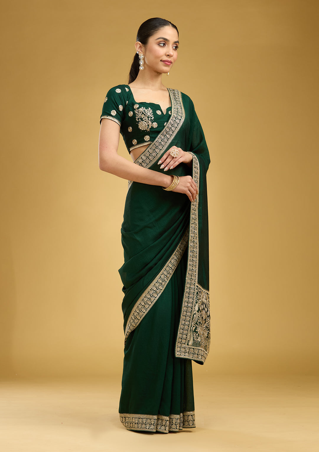 Bottle Green Soft Raw Silk Gold Zariwork Saree With Matching Blouse Piece