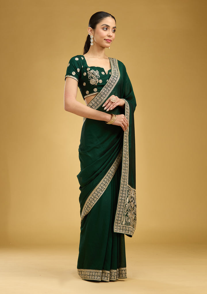 Bottle Green Soft Raw Silk Gold Zariwork Saree With Matching Blouse Piece