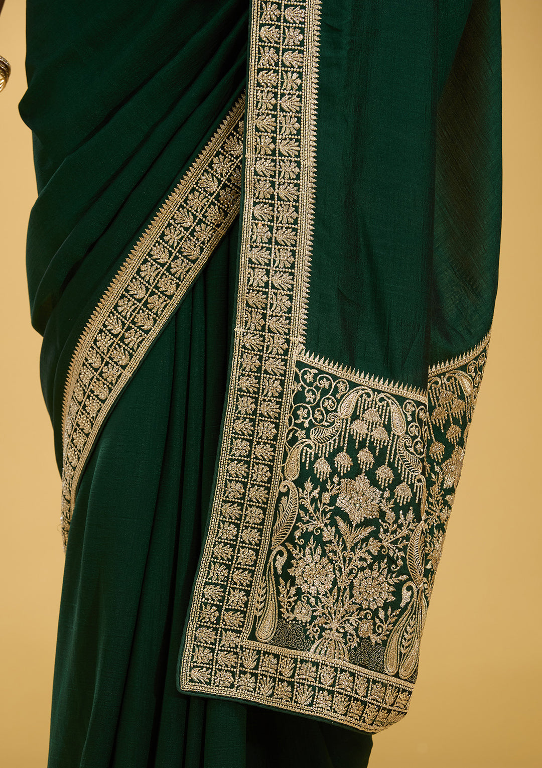 Bottle Green Soft Raw Silk Gold Zariwork Saree With Matching Blouse Piece