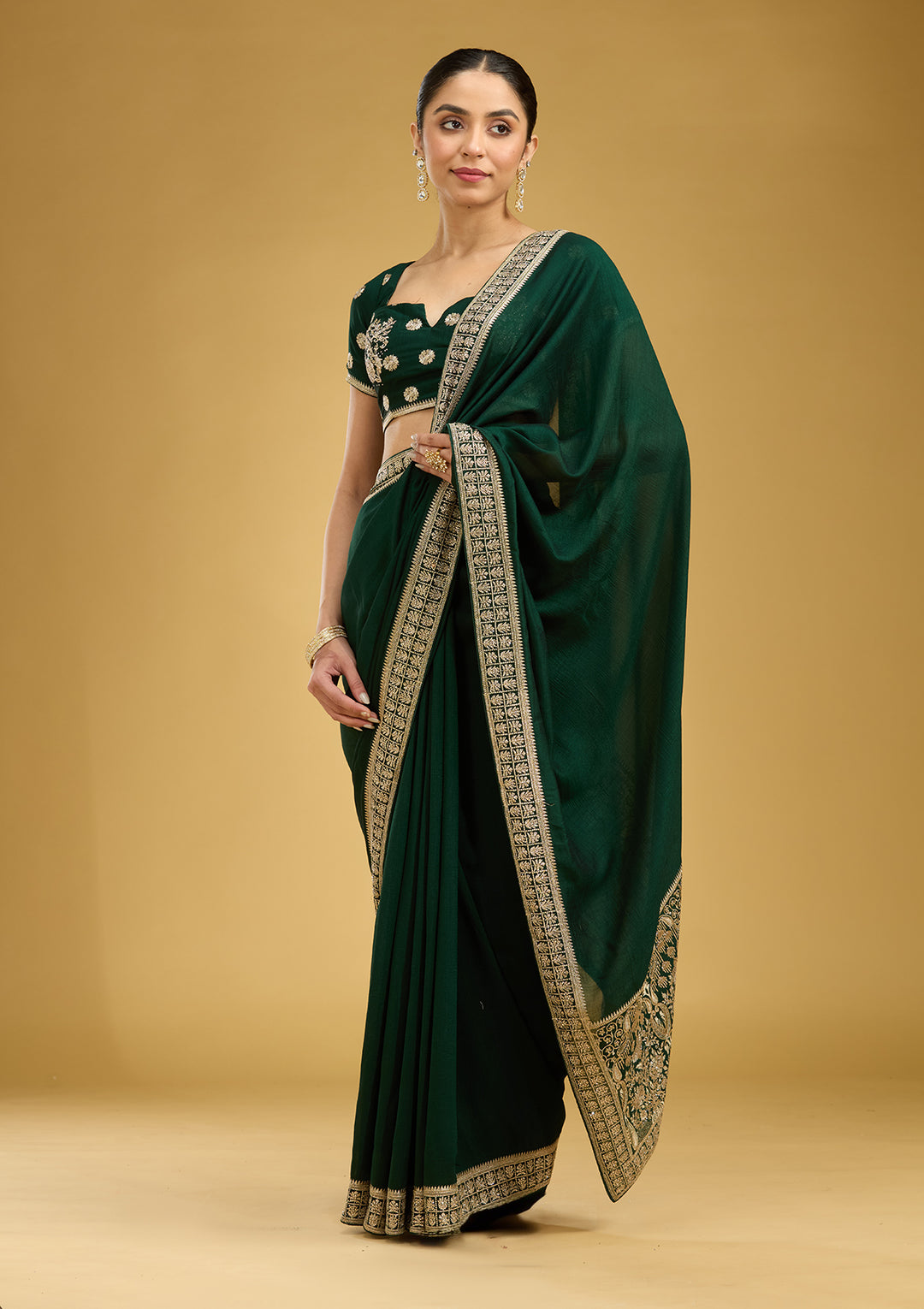 Bottle Green Soft Raw Silk Gold Zariwork Saree With Matching Blouse Piece