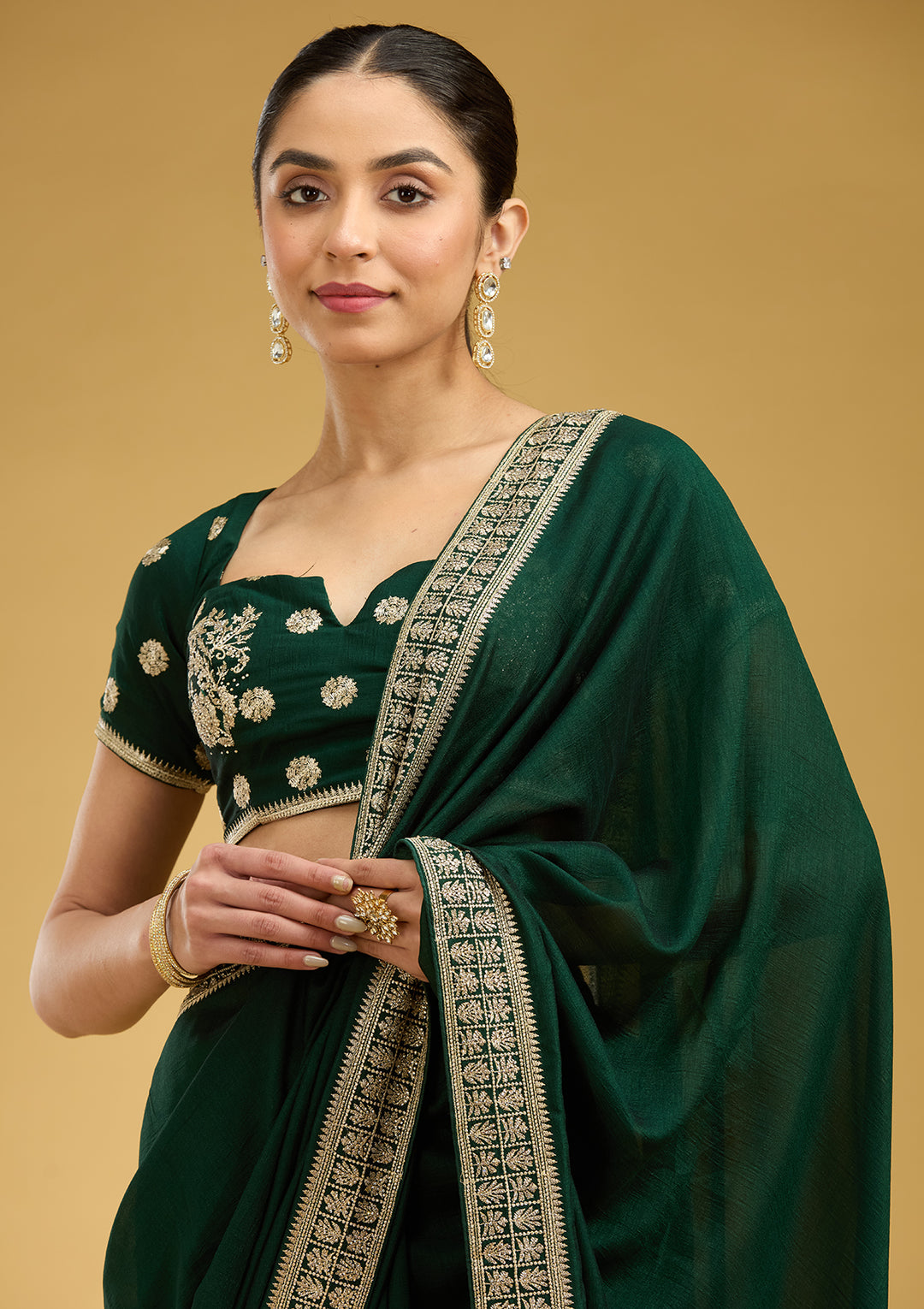 Bottle Green Soft Raw Silk Gold Zariwork Saree With Matching Blouse Piece