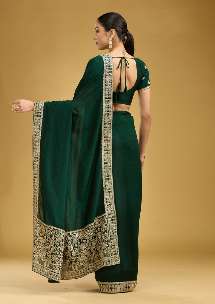 Bottle Green Soft Raw Silk Gold Zariwork Saree With Matching Blouse Piece