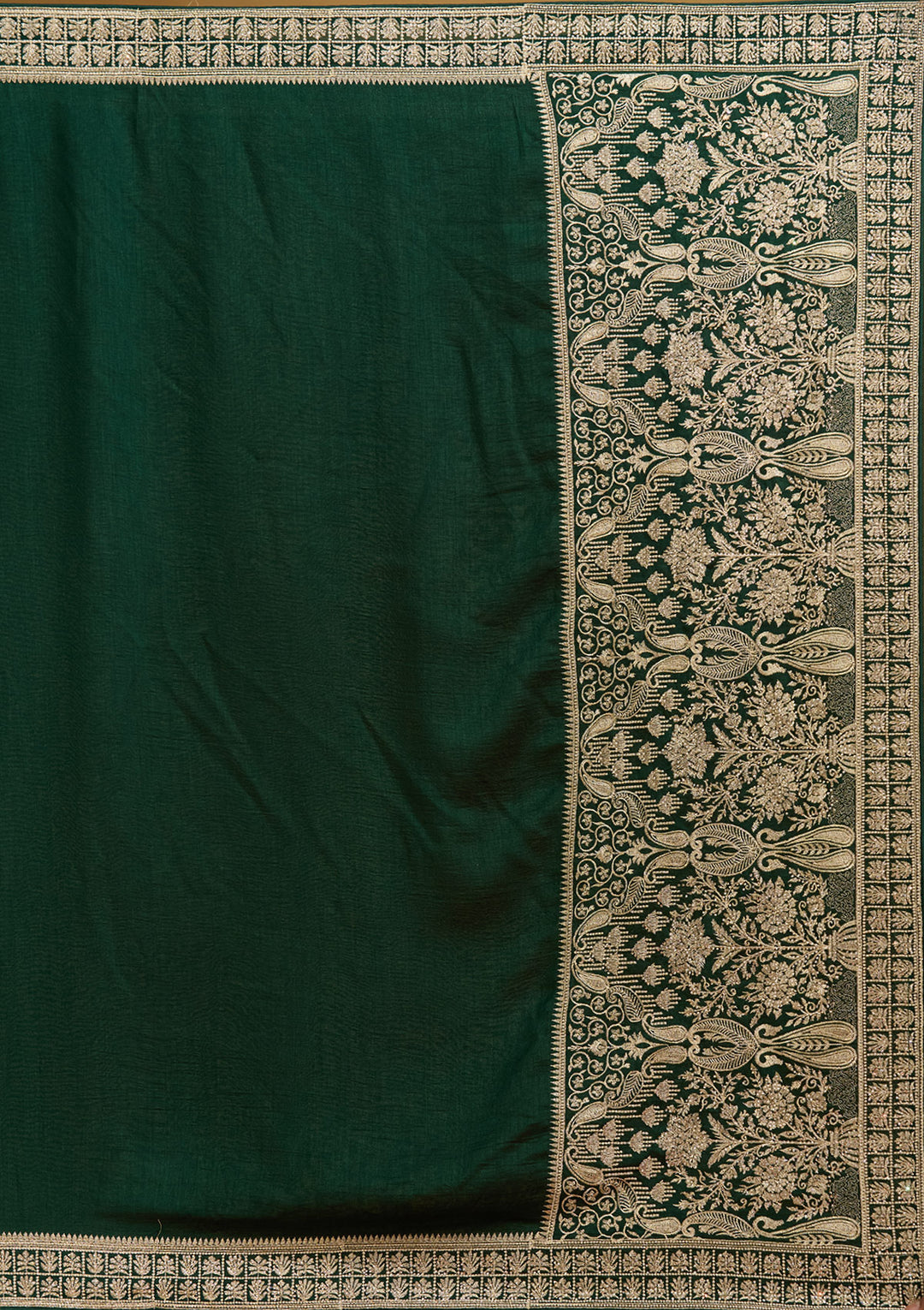 Bottle Green Soft Raw Silk Gold Zariwork Saree With Matching Blouse Piece