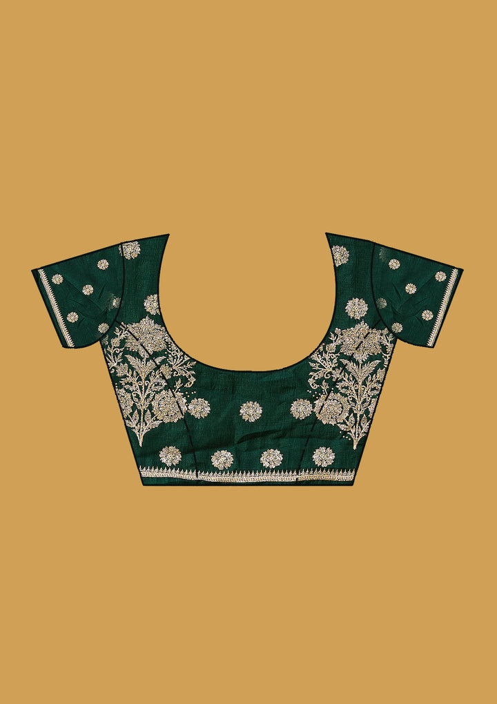Bottle Green Soft Raw Silk Gold Zariwork Saree With Matching Blouse Piece