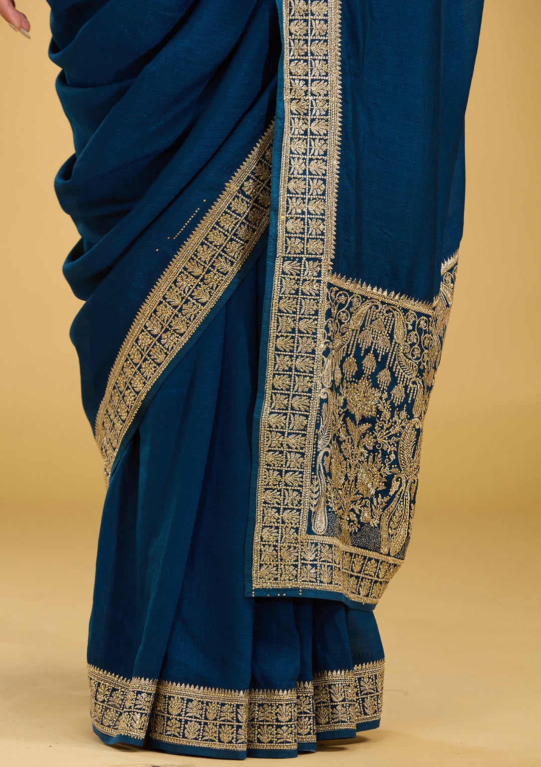 Peacock Blue Zariwork (Gold) Soft Raw Silk Saree