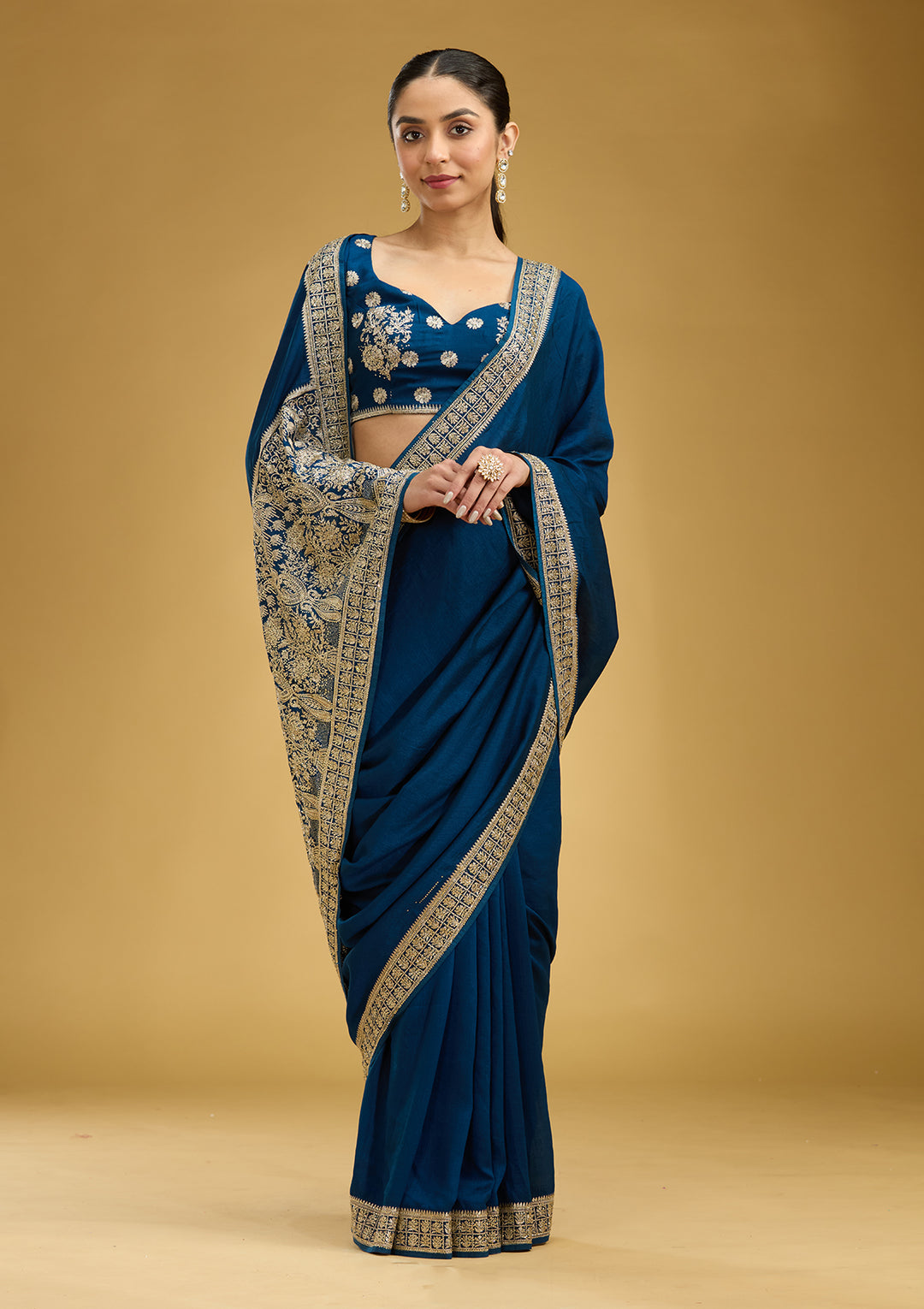 Peacock Blue Zariwork (Gold) Soft Raw Silk Saree