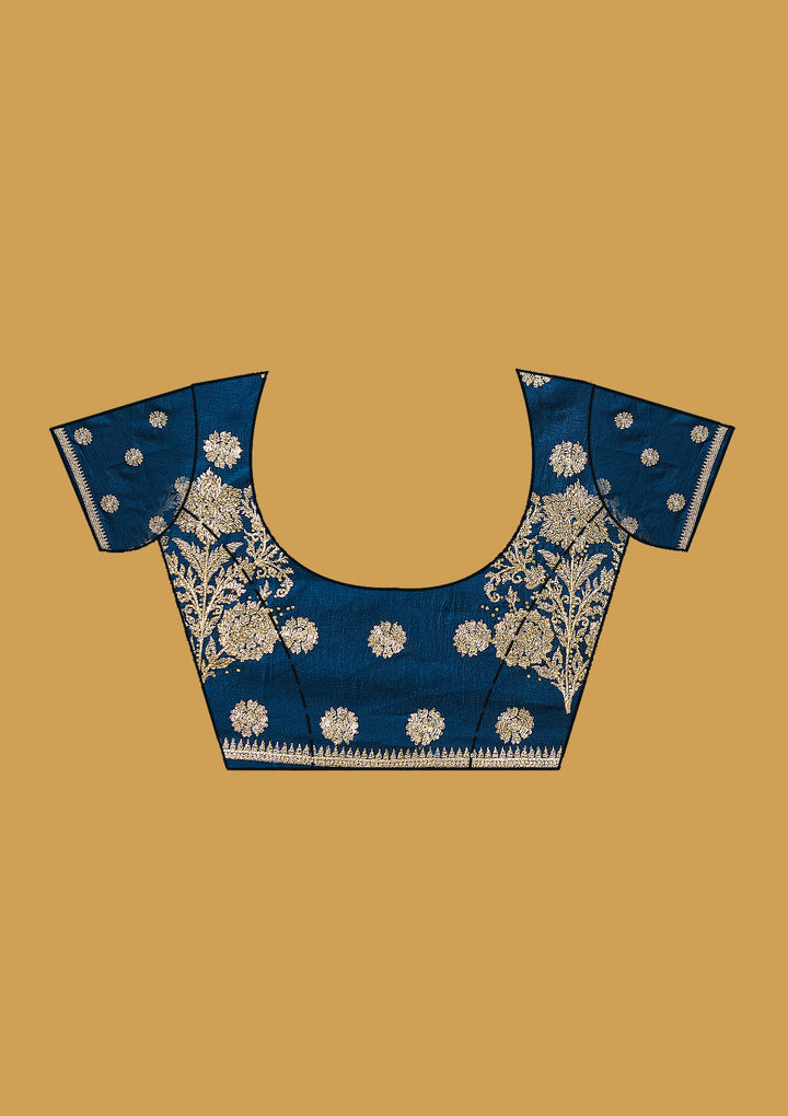 Peacock Blue Zariwork (Gold) Soft Raw Silk Saree