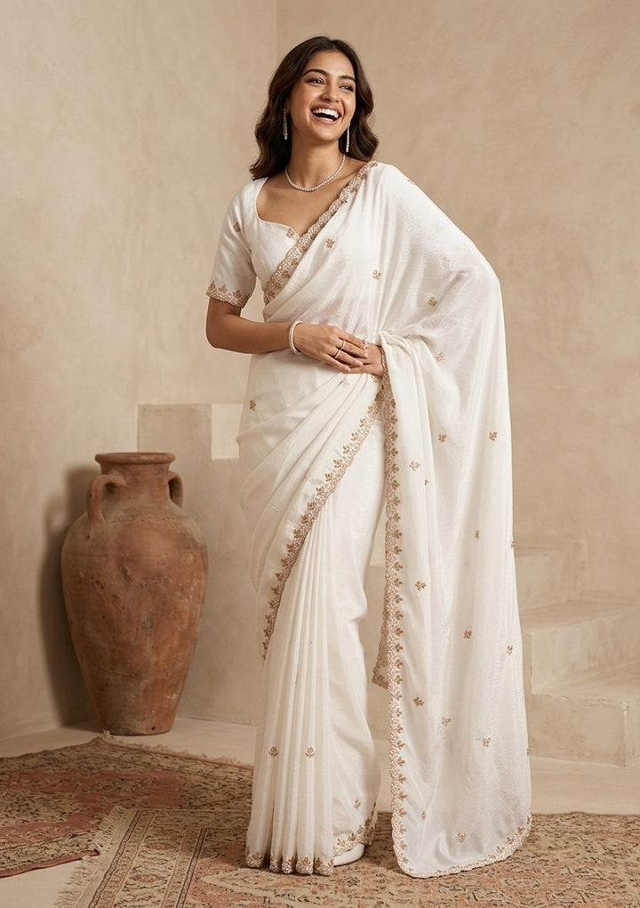 Cream Pearl Work (Gold) Chinon Saree