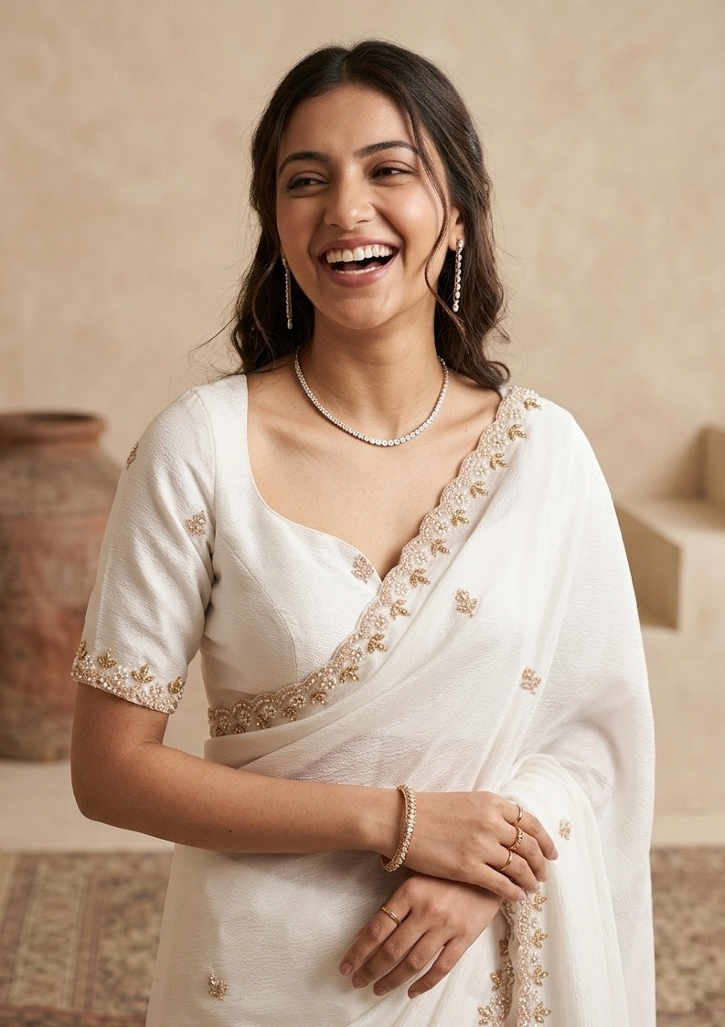 Cream Pearl Work (Gold) Chinon Saree