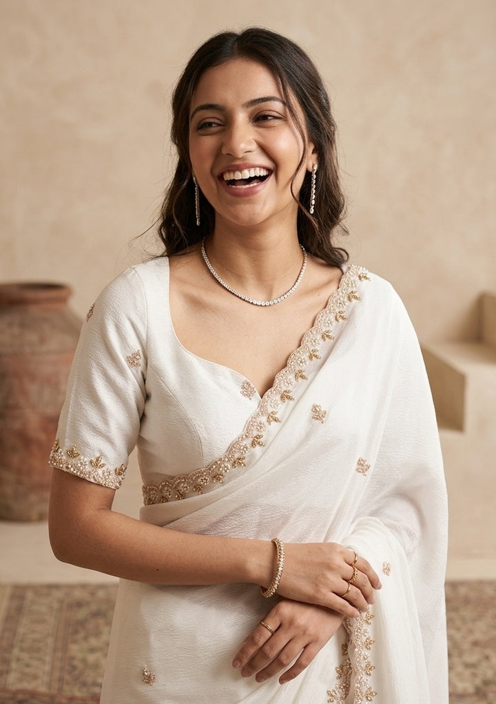 Cream Pearl Work (Gold) Chinon Saree