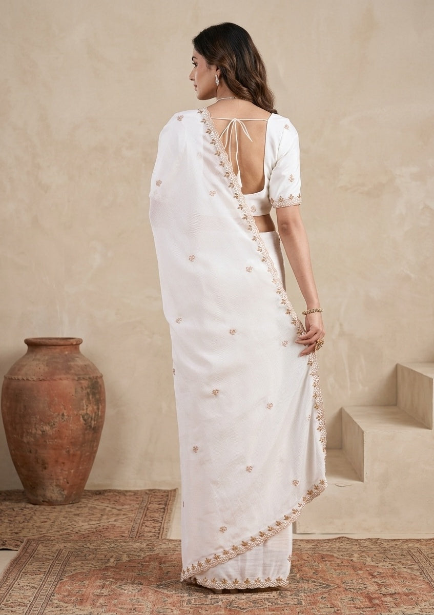 Cream Pearl Work (Gold) Chinon Saree