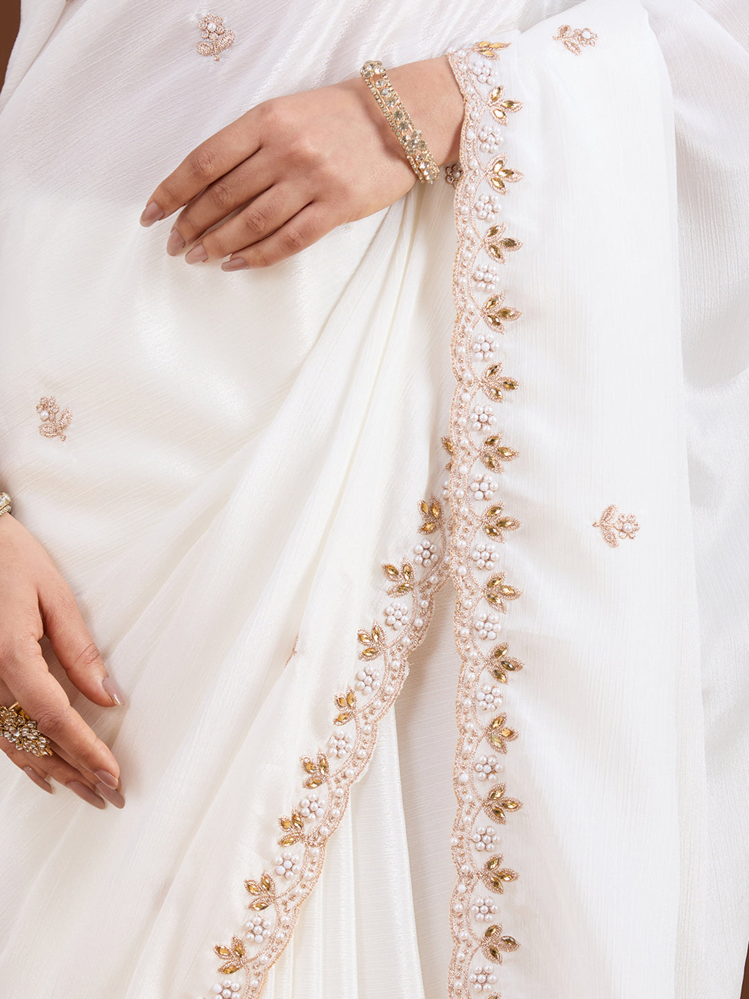 Cream Pearl Work (Gold) Chinon Saree
