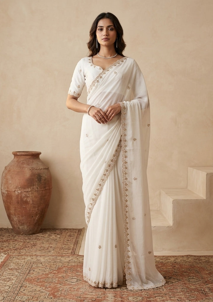 Cream Pearl Work (Gold) Chinon Saree