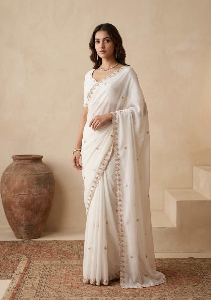 Cream Pearl Work (Gold) Chinon Saree