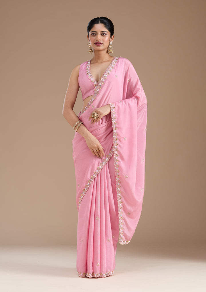Onion Pink Zariwork (Gold) Chinon Saree