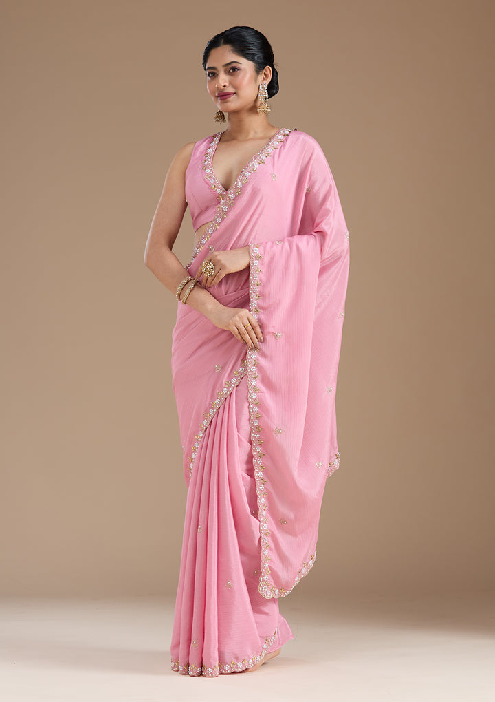 Onion Pink Zariwork (Gold) Chinon Saree