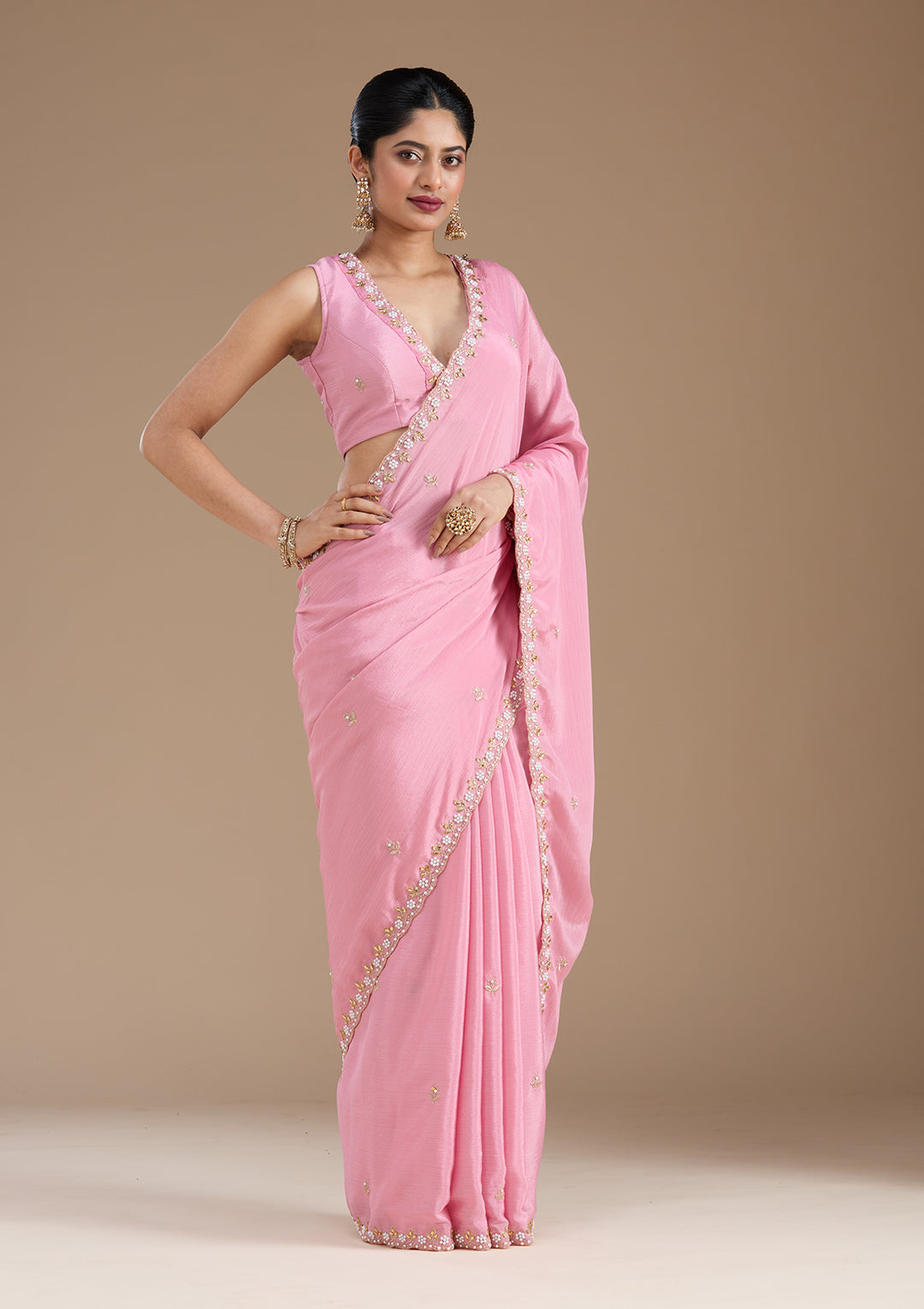 Onion Pink Zariwork (Gold) Chinon Saree