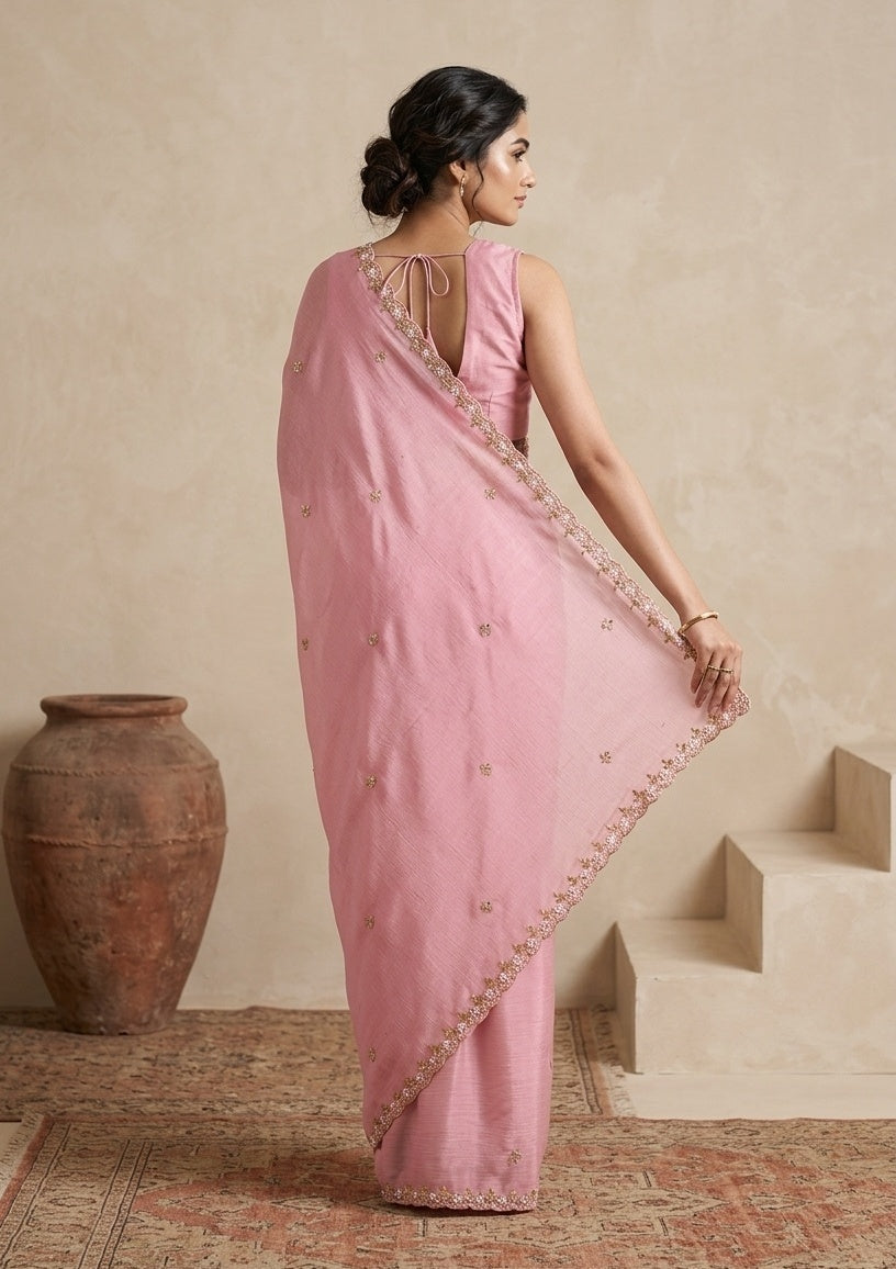 Onion Pink Chinon Pearlwork Saree With Matching Blouse Piece