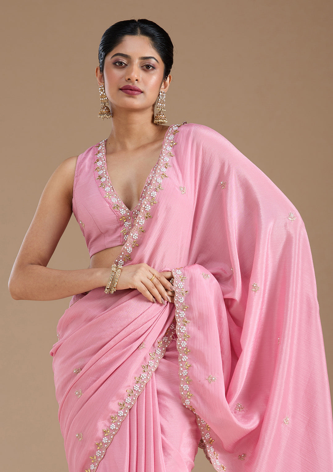 Onion Pink Zariwork (Gold) Chinon Saree