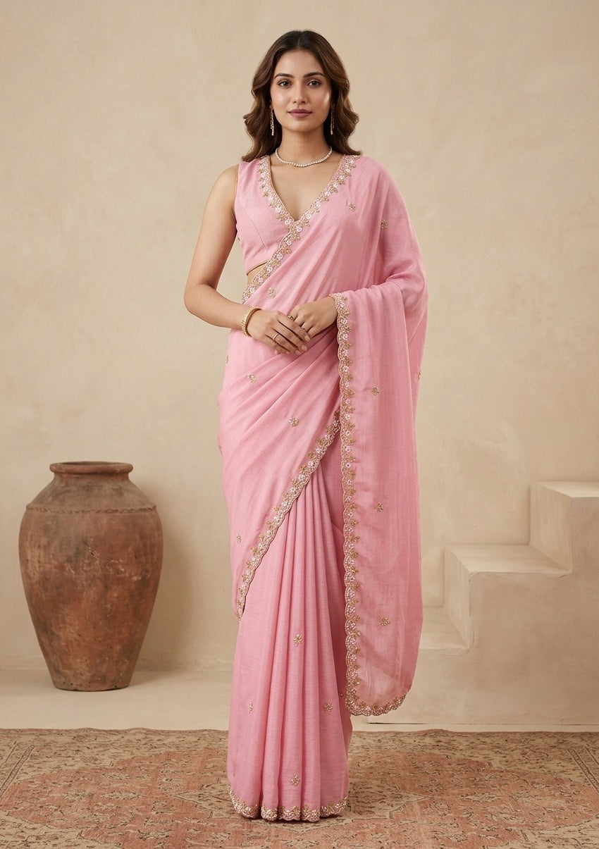 Onion Pink Chinon Pearlwork Saree With Matching Blouse Piece