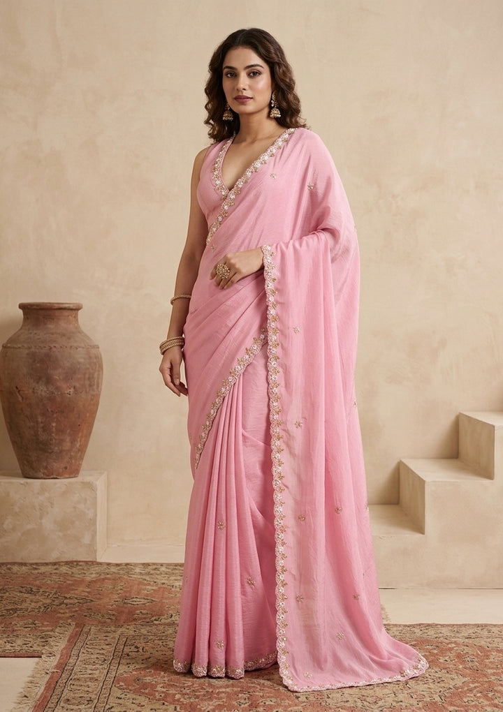 Onion Pink Chinon Pearlwork Saree With Matching Blouse Piece
