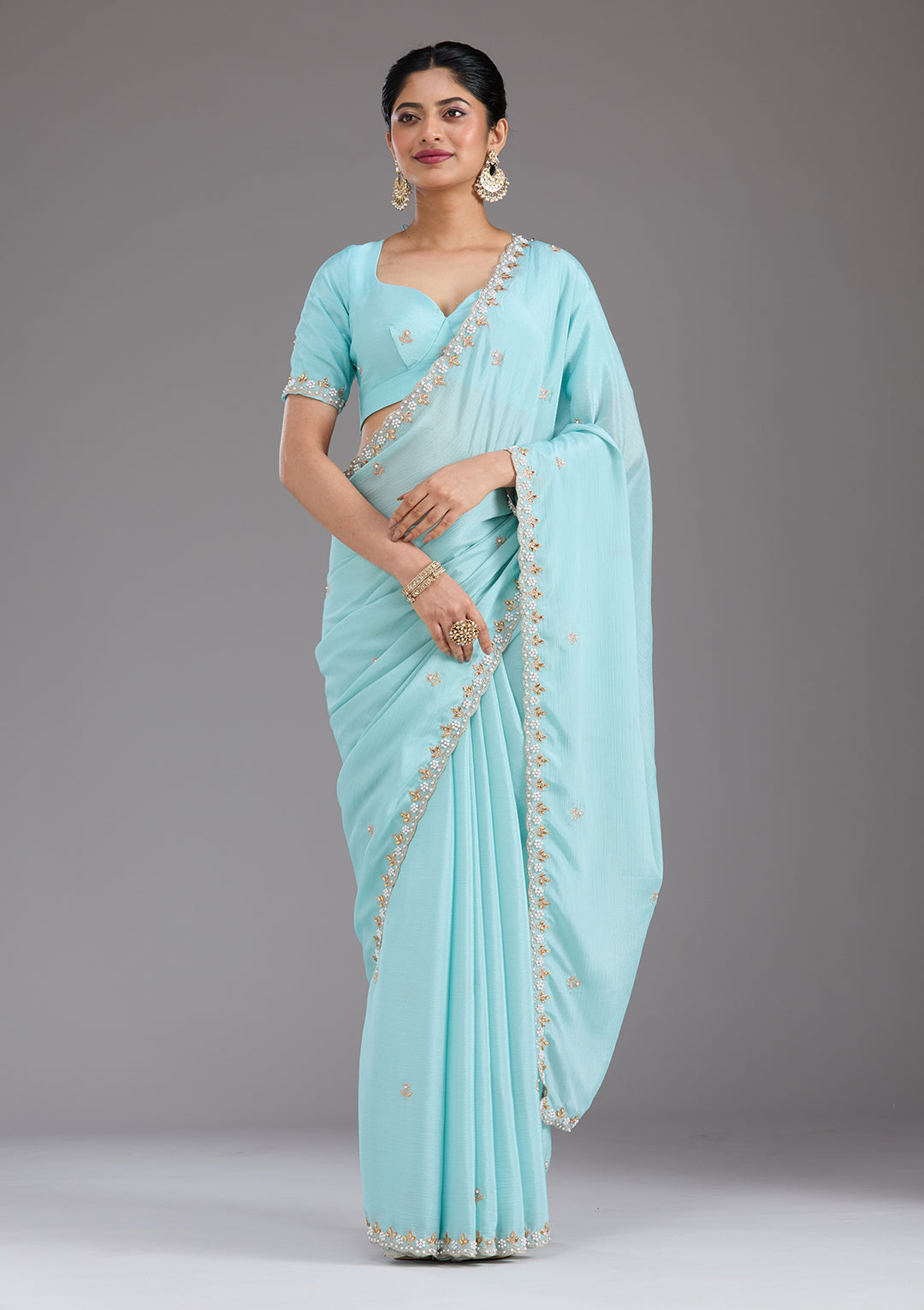 Sky Blue Zariwork (Gold) Chinon Saree