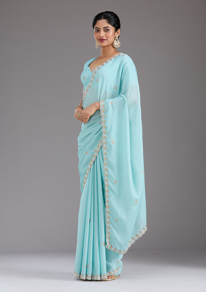 Sky Blue Zariwork (Gold) Chinon Saree