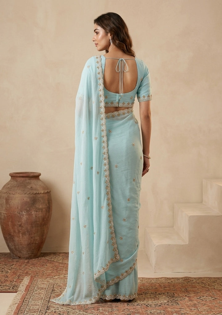 Sky Blue Chinon Pearlwork Saree With Matching Blouse Piece