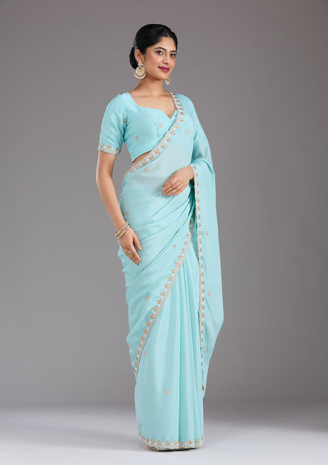Sky Blue Zariwork (Gold) Chinon Saree
