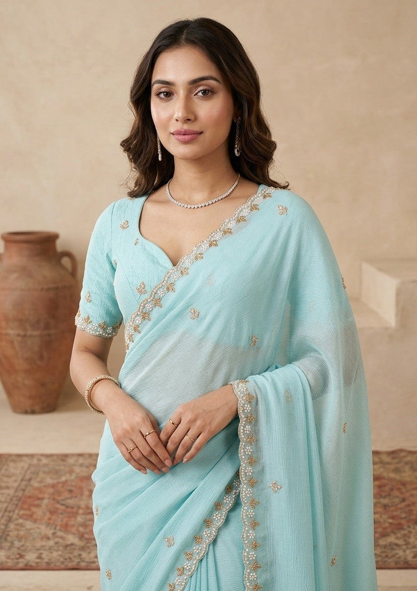 Sky Blue Chinon Pearlwork Saree With Matching Blouse Piece