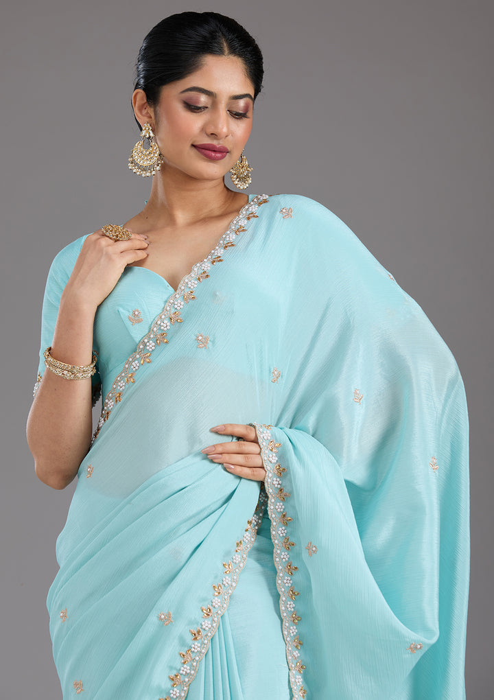 Sky Blue Zariwork (Gold) Chinon Saree