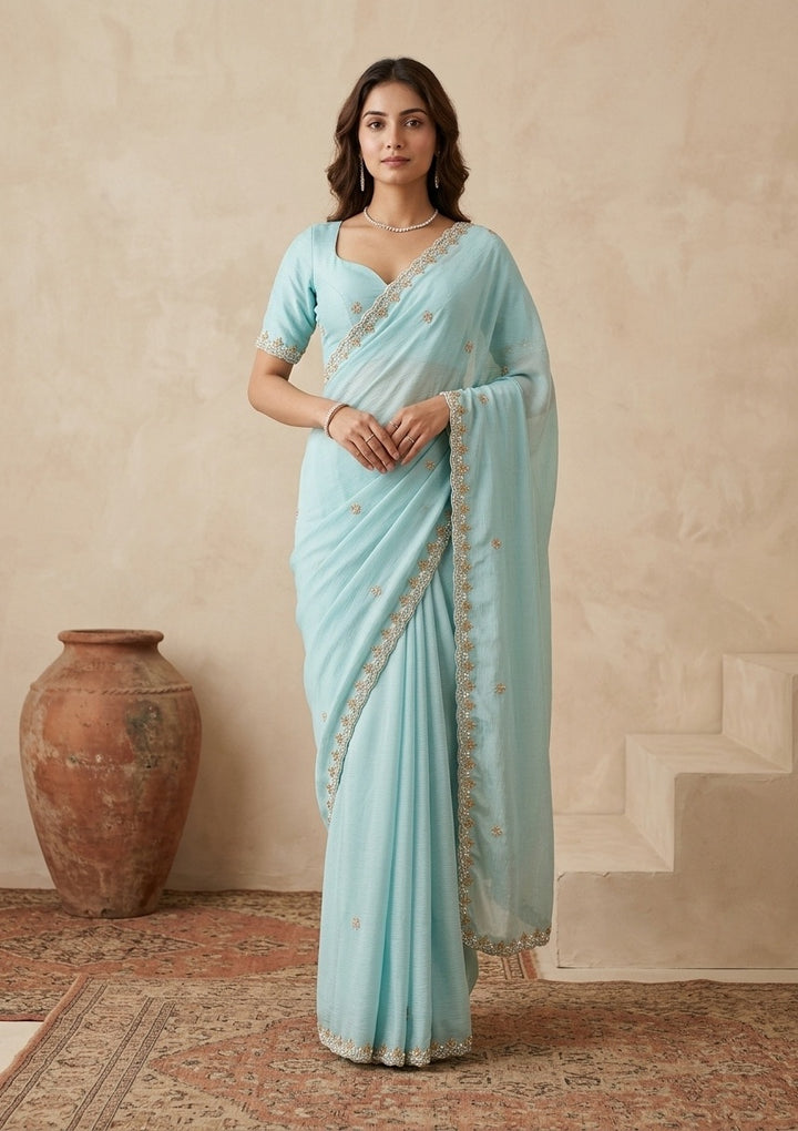 Sky Blue Chinon Pearlwork Saree With Matching Blouse Piece
