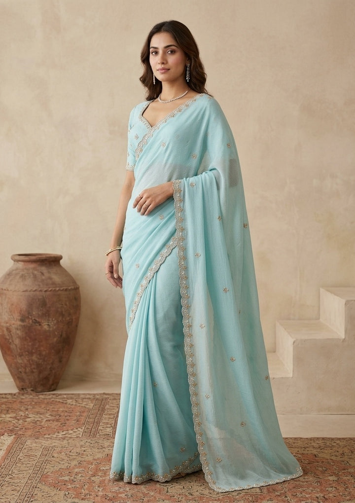 Sky Blue Chinon Pearlwork Saree With Matching Blouse Piece