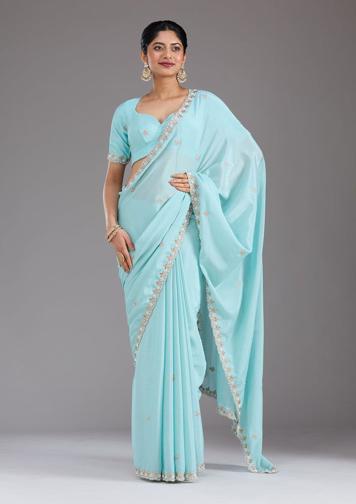 Sky Blue Zariwork (Gold) Chinon Saree