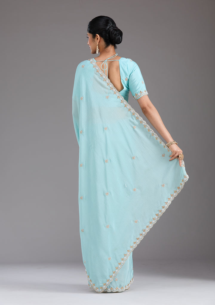 Sky Blue Zariwork (Gold) Chinon Saree