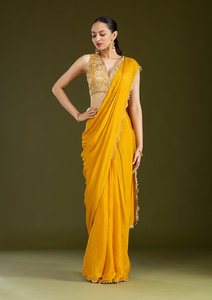 Mustard Yellow Satin Cutdana Saree With Matching Blouse Piece