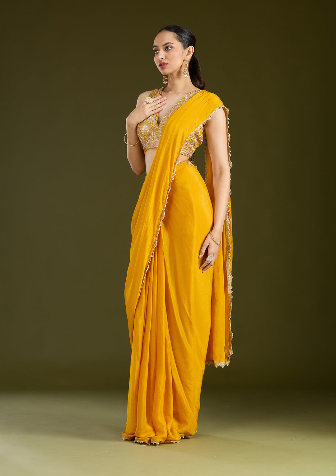 Mustard Yellow Satin Cutdana Saree With Matching Blouse Piece