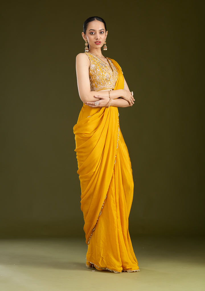 Mustard Yellow Satin Cutdana Saree With Matching Blouse Piece